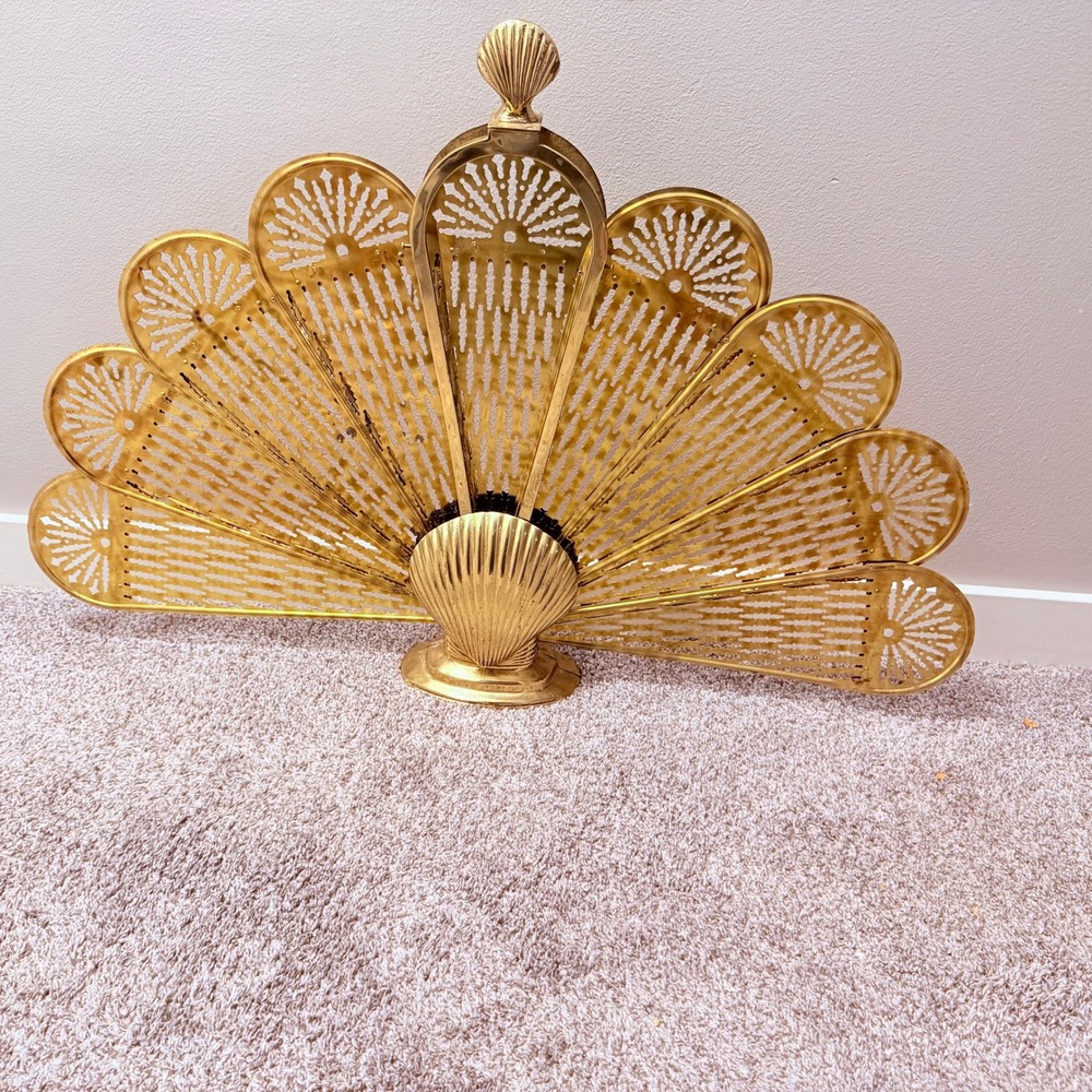 Vintage Brass Peacock Fireplace Screen Folding Fan Scallop Shell Filigree Gold
